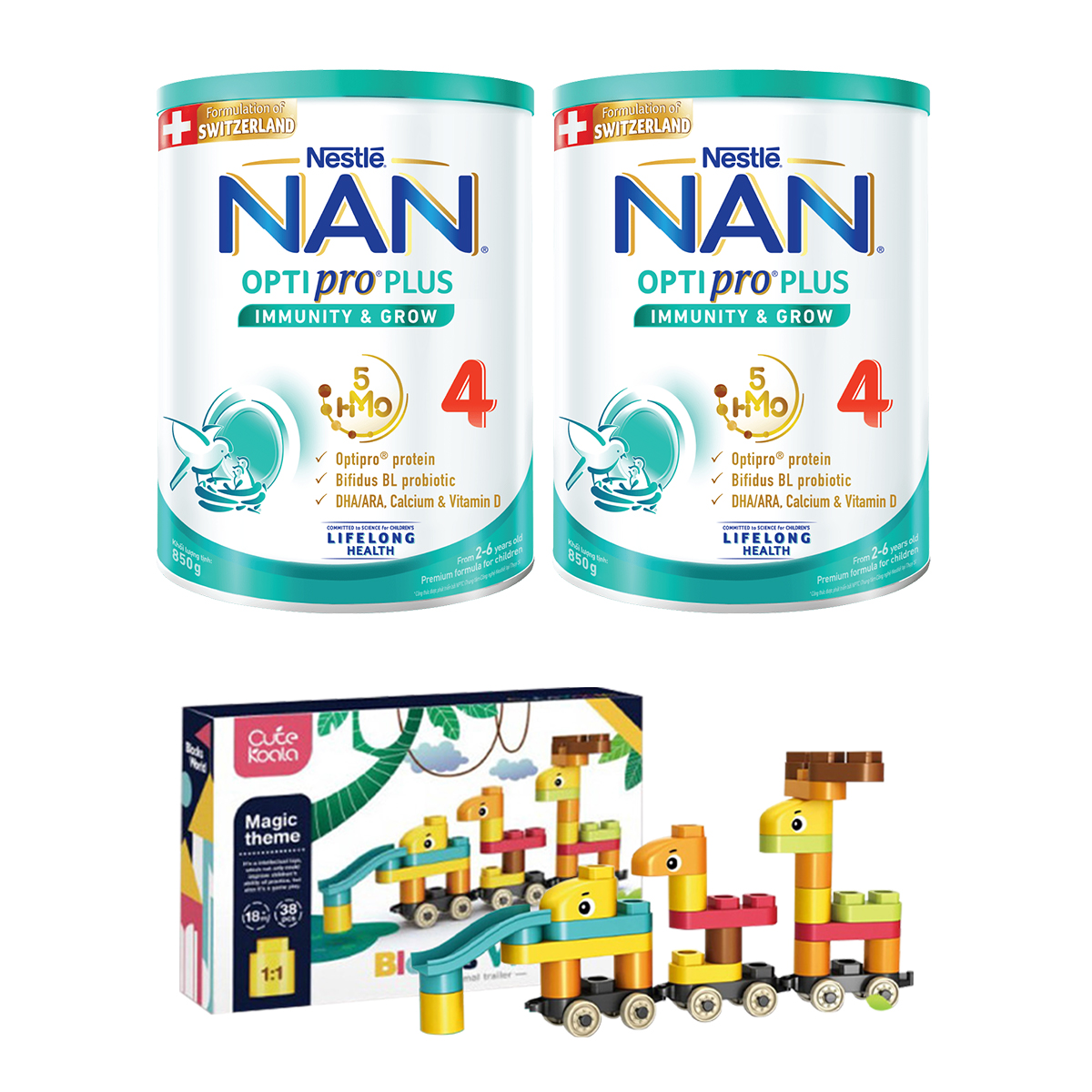 Bộ 2 Lon sữa bột Nestlé NAN OPTIPRO PLUS 4 850g/lon với 5HMO Giúp tiêu hóa tốt + Tăng cường đề kháng Tặng Bộ Lego Xe Lửa (2 - 6 tuổi)