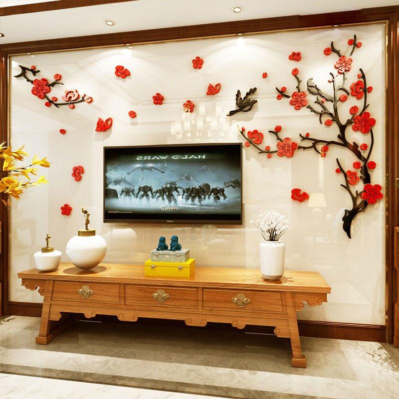 Tranh dán tường mica 3d decor khổ lớn hoa đào trang trí tết phòng khách, phòng ngủ