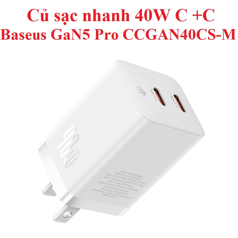 Củ sạc nhanh 40W 2 cổng C+C Baseus GaN5 Pro CCGAN40CS-M _ hàng chính hãng