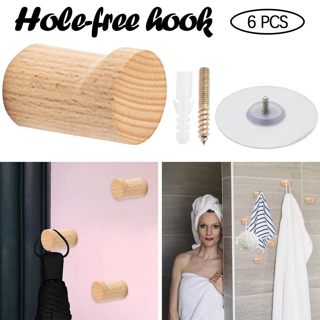 6 PCS Decorative Wall Hooks Kitchen Bathroom Door Wooden Hooks Light Brown