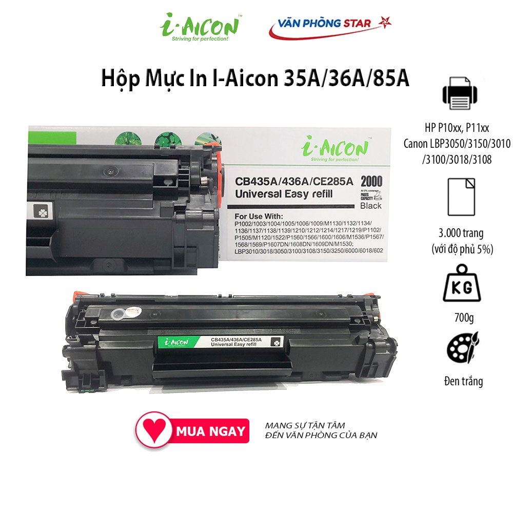 [hàng chính hãng] Hộp mực 35a/36A/85A thương hiệu I.aicon mã mực 35a/36A/85A dành cho máy in  HP/Canon 125/312/313/325/712/713 chất lượng bản in đẹp, tương thích tốt