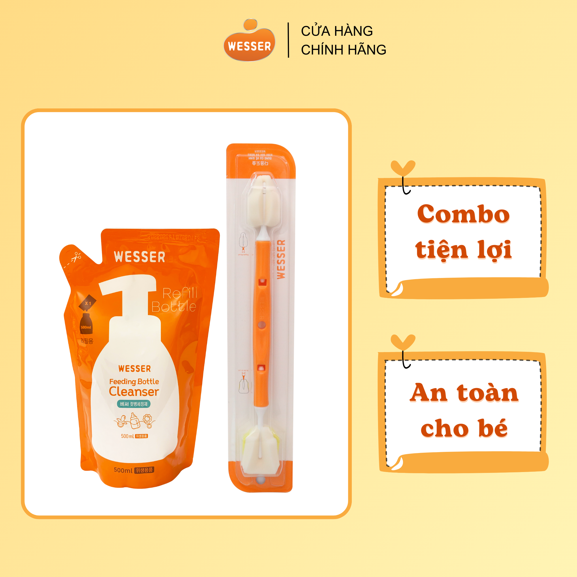 Combo nước rửa bình sữa gói + Dụng cụ vệ sinh bình sữa đa năng Wesser