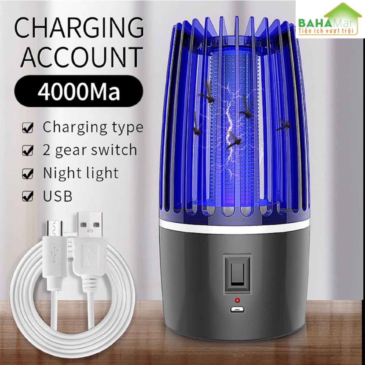 ĐÈN DIỆT MUỖI - DIỆT CÔN TRÙNG ĐA CHỨC NĂNG SẠC ĐIỆN "BAHAMAR" diệt muỗi bằng ánh sáng xanh thu hút muỗi bay vào và tiêu diệt , ngăn ngừa bệnh dịch do muỗi và côn trùng