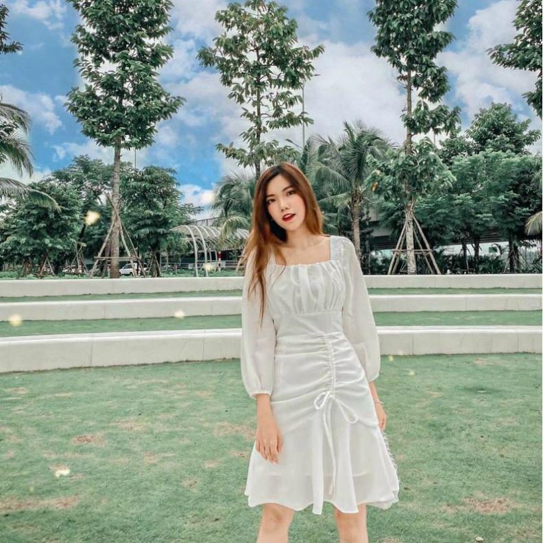Váy cổ vuông nhún ngực tay dài xinh tươi ivy.fashion đi biển dự tiệc dạo phố bigsize gợi cảm sexy