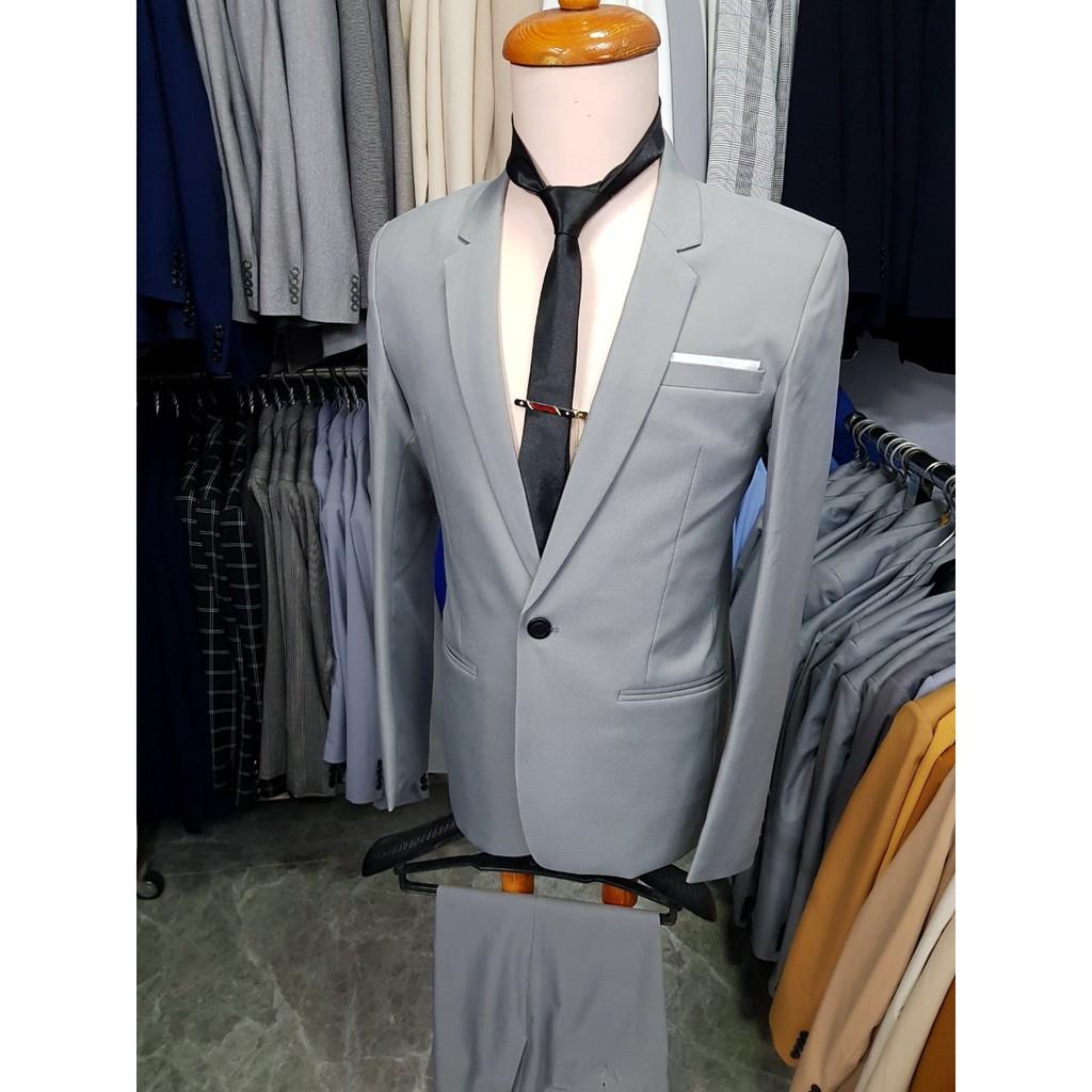 Bộ vest nam xám ghi form ôm body chất vải mềm mỏng ( áo vest+quần+cà vạt+kẹp)