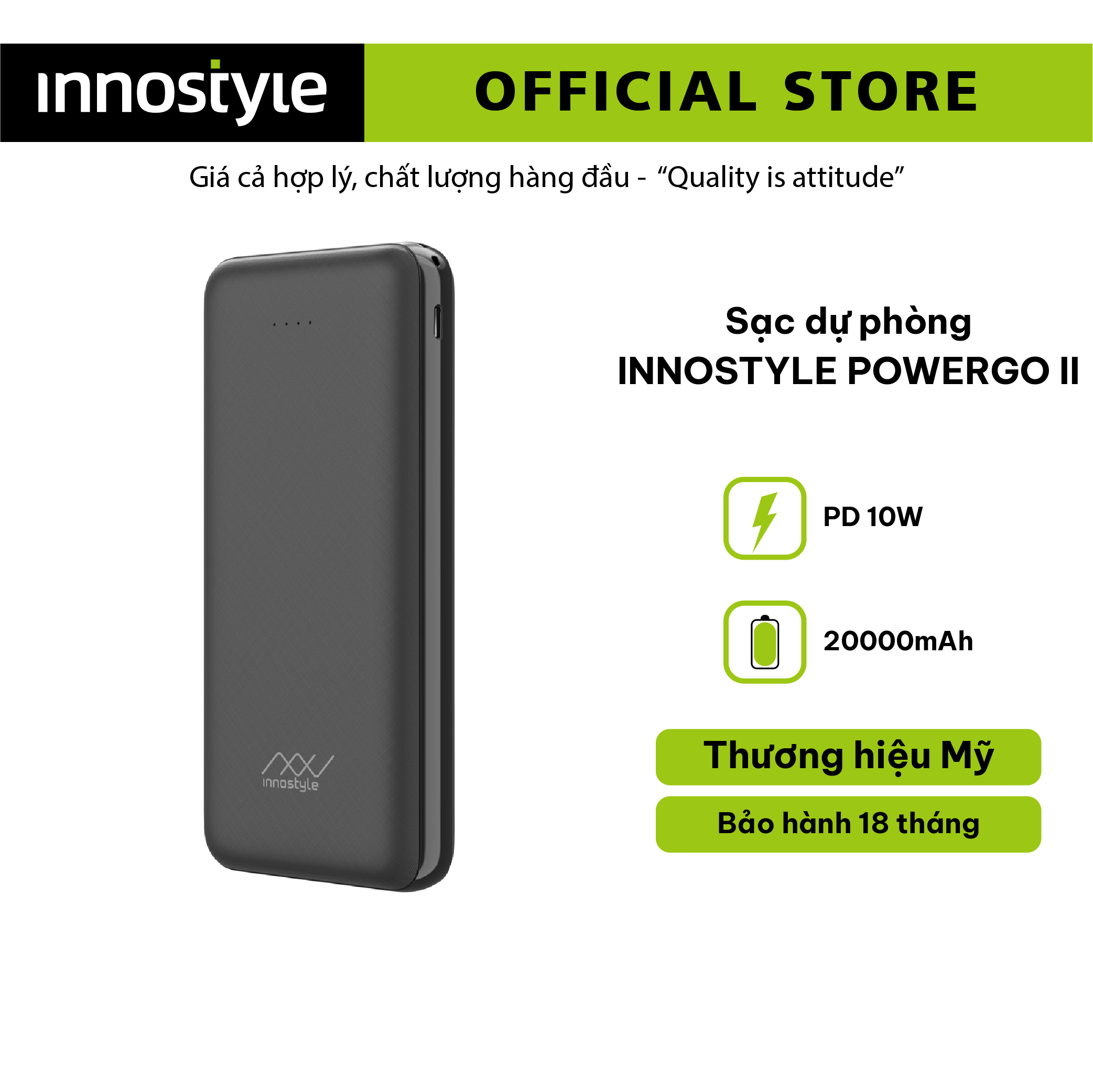 Pin Sạc Dự Phòng Siêu Nhỏ Innostyle Powergo Smart AI 20000mAh - Hàng Chính Hãng