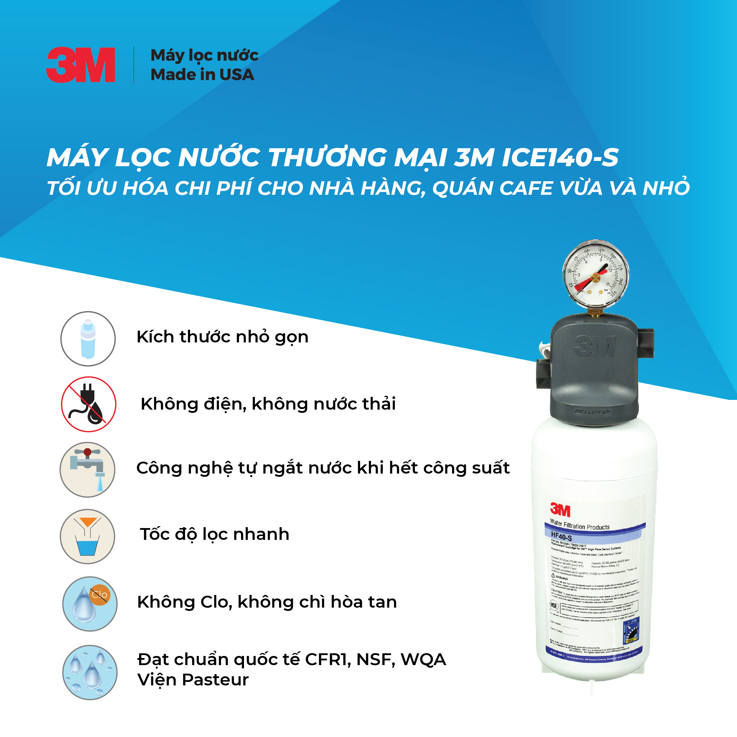 Máy Lọc Nước Dùng Cho Nhà Hàng, Quán Cà Phê Vừa Nhỏ 3M ICE140-S - Công Nghệ Lọc IMPACT - Công Suất Lọc 94.635 Lít - Hàng Chính Hãng 3M