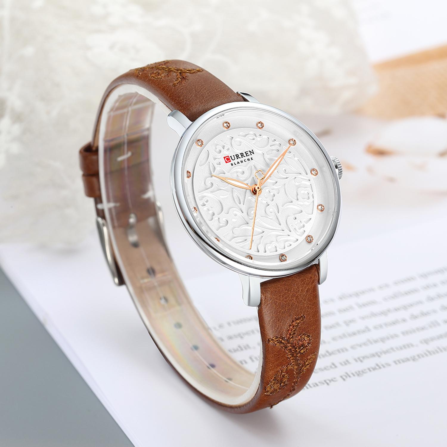 Đồng hồ đeo tay nữ thạch anh CURREN 9046 Chạm khắc hoa với PU giả da - Bạc - Dây đeo bằng thép không gỉ
