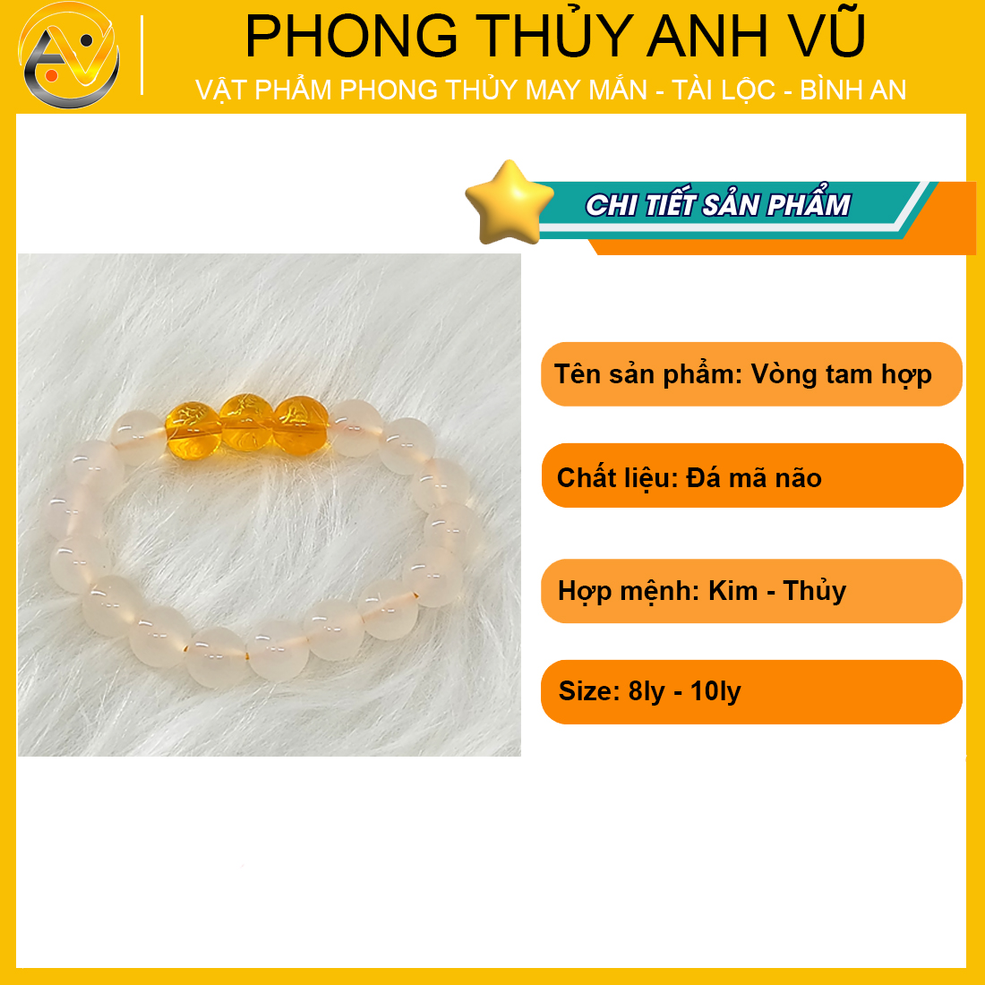 Vòng tay mã não trắng tam hợp dần ngọ tuất - size 8 10ly cho nữ mệnh thủy, mệnh kim - có khai quang điểm nhãn may mắn tài lộc - bảo hành 12 tháng - PHONG THỦY ANH VŨ
