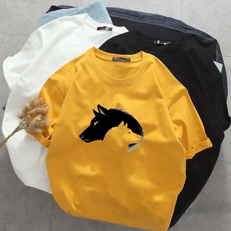 Áo thun tay lỡ nam nữ sói trắng đen vải dày mịn 20T2746