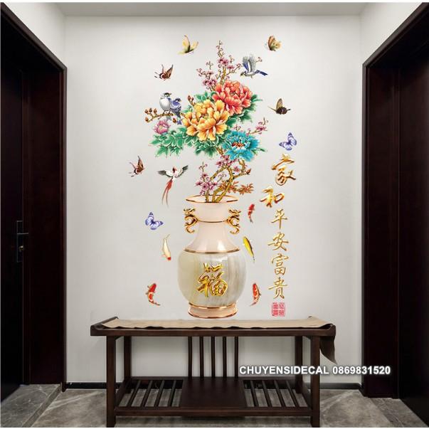 Decal trang trí tường - Bình Hoa Mẫu Đơn Khoe Sắc Ngày Tết