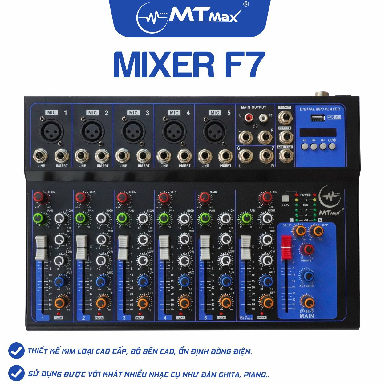 Bàn trộn Mixer MTMax F7 BT - 7 kênh cao cấp - Có bluetooth, chống hú tốt - Màn hình led hiển thị thông số - Hỗ trợ thu âm, livestream, karaoke online - Kết hợp được với loa kéo, amply, dàn karaoke - Hàng nhập khẩu