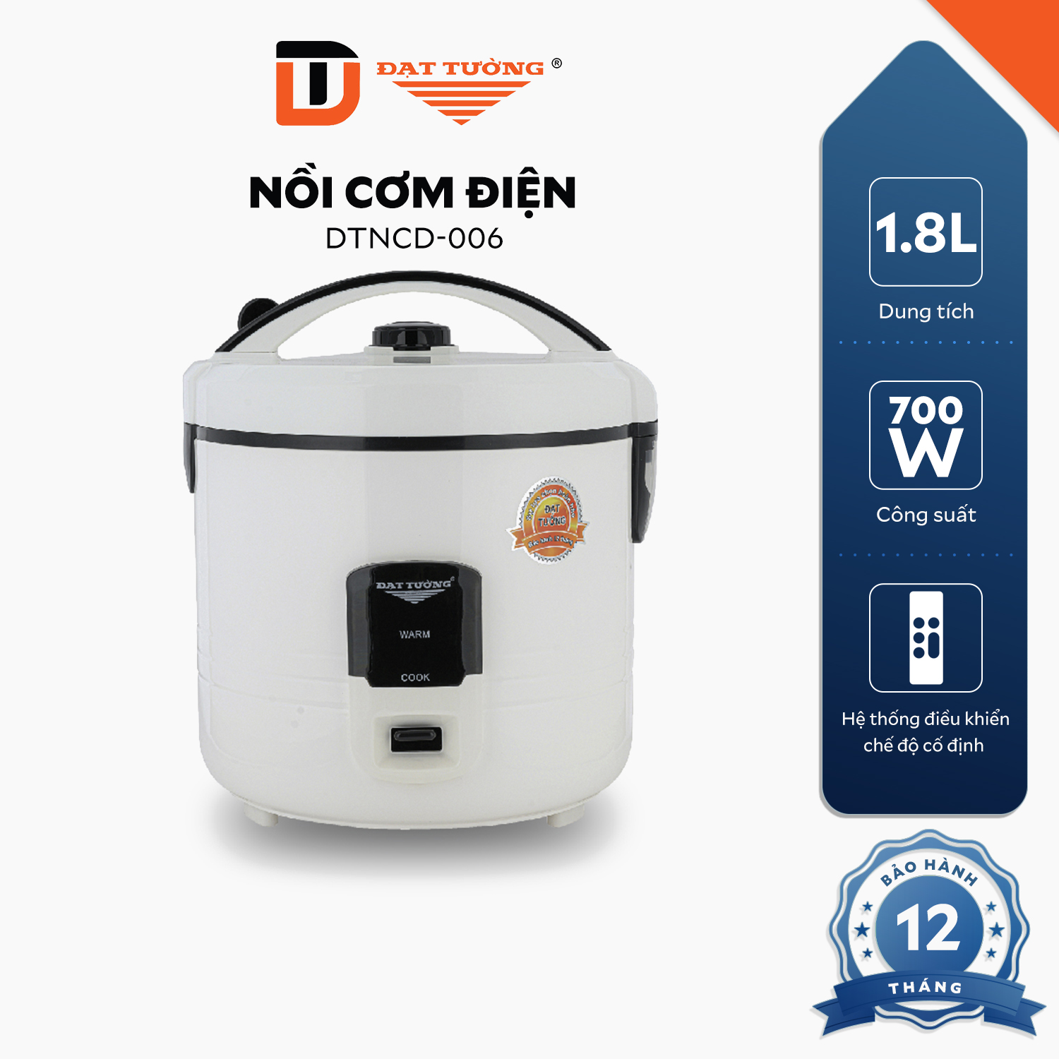 Nồi Cơm Điện Trắng Đạt Tường - DTNCD006 ; 007 - Hàng Chính Hãng - DTNCD006 - 1,8L