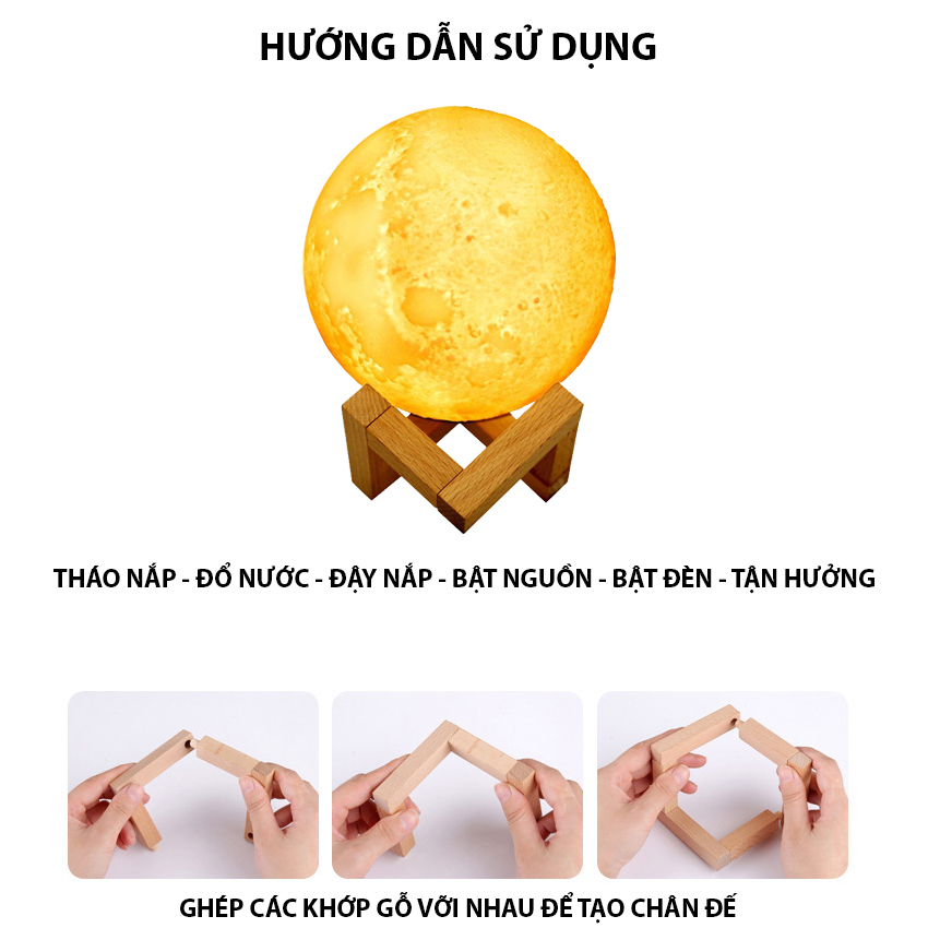 Máy xông tinh dầu phòng ngủ mặt trăng 3D phun sương tạo ẩm, đèn ngủ mặt trăng 3 màu tặng đế gỗ, cáp sạc