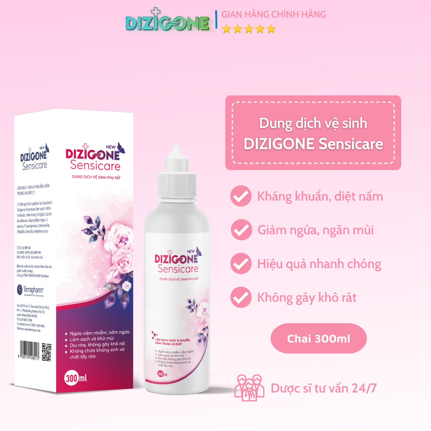 Dung dịch vệ sinh phụ nữ DIZIGONE Sensicare 300ml: Giảm nấm ngứa, hết khí hư, khử mùi hôi