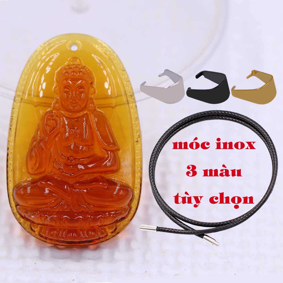 Mặt Phật A di đà pha lê cam 1.9cm x 3cm  kèm vòng cổ dây cao su đen + móc inox vàng, Phật bản mệnh, mặt dây chuyền