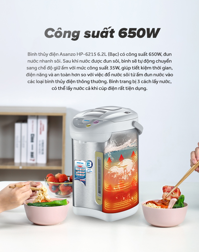 Bình Thuỷ Điện Asanzo 6.2L HP-6215 - Hàng Chính Hãng