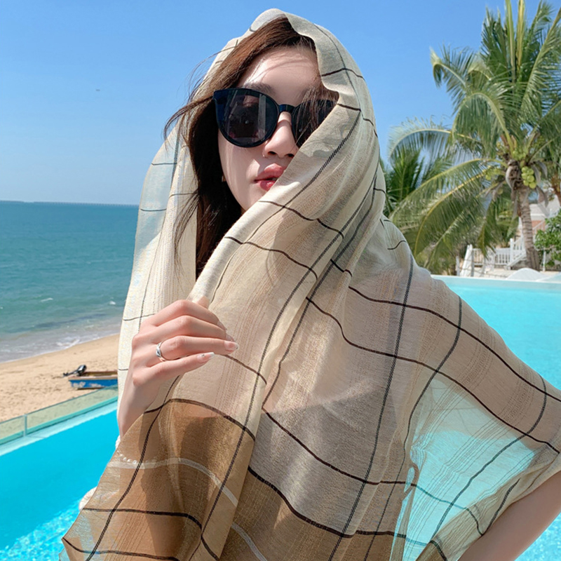Khăn Choàng Quàng Cổ Voan Lụa Kim Tuyến Cao Cấp Sọc Caro