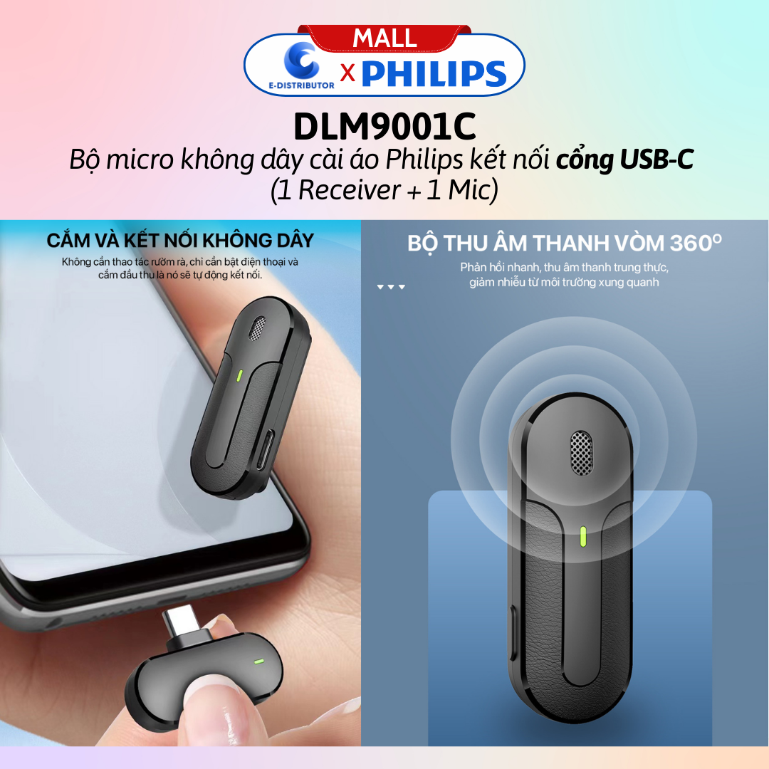 Bộ micro không dây cài áo Philips DLM9001C cổng USB-C - DLM9001L cổng Lightingg (1Receiver + 1Mic) - Hàng Chính Hãng