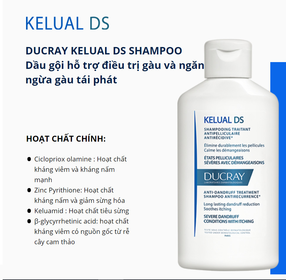 Dầu gội cho gầu nặng, viêm da tiết bã, ngừa tái phát Ducray KELUAL DS Shampoo 100 ml (Nhập khẩu) - vỏ mới