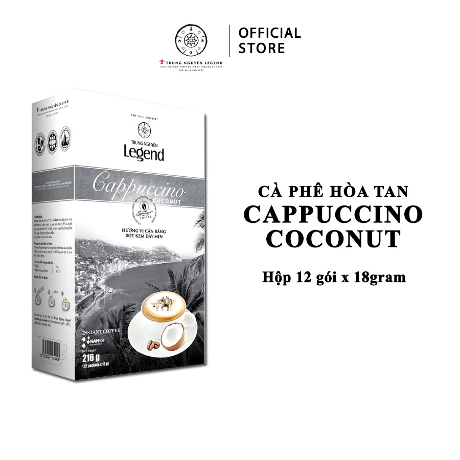 Trung Nguyên Legend - Cà phê hoà tan rang xay Cappuccino Coconut - Hộp 12 gói x 18gr