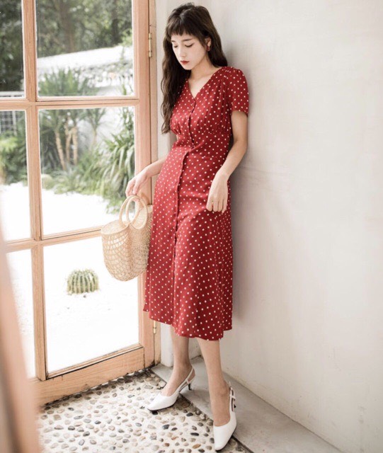 [NNY CLOTHING] Váy đỏ họa tiết chấm bi tay ngắn cổ V - V076