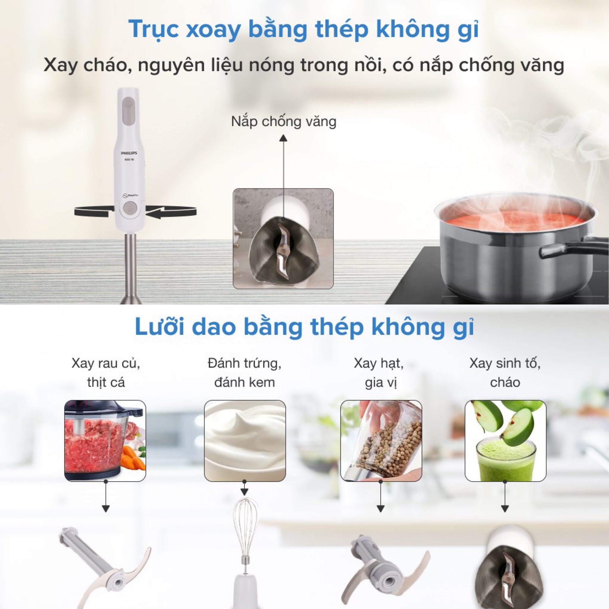 Máy Xay Sinh Tố Cầm Tay Đa Năng Philips HR-2537, Công Suất 650W, Xay hạt, sinh tố, thịt, Đánh trứng, Hàng Chính Hãng