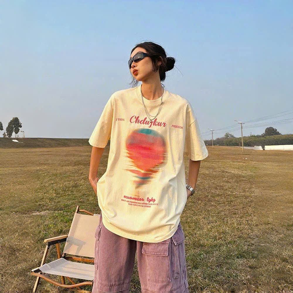 Áo phông nam nữ form rộng 2N Unisex thun cotton in hoàng hôn màu be/đen