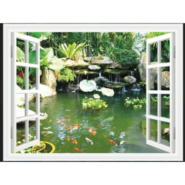Tranh 3D dán tường cửa sổ thiên nhiên hồ cá