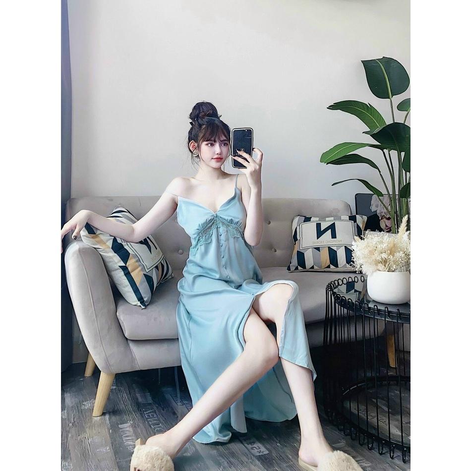 Váy 2 Dây Nữ Liền Thân Chất Lụa Trơn Cao Cấp Phối Ren Có Mút Ngực Váy Xẻ Tà Freesize QC533250