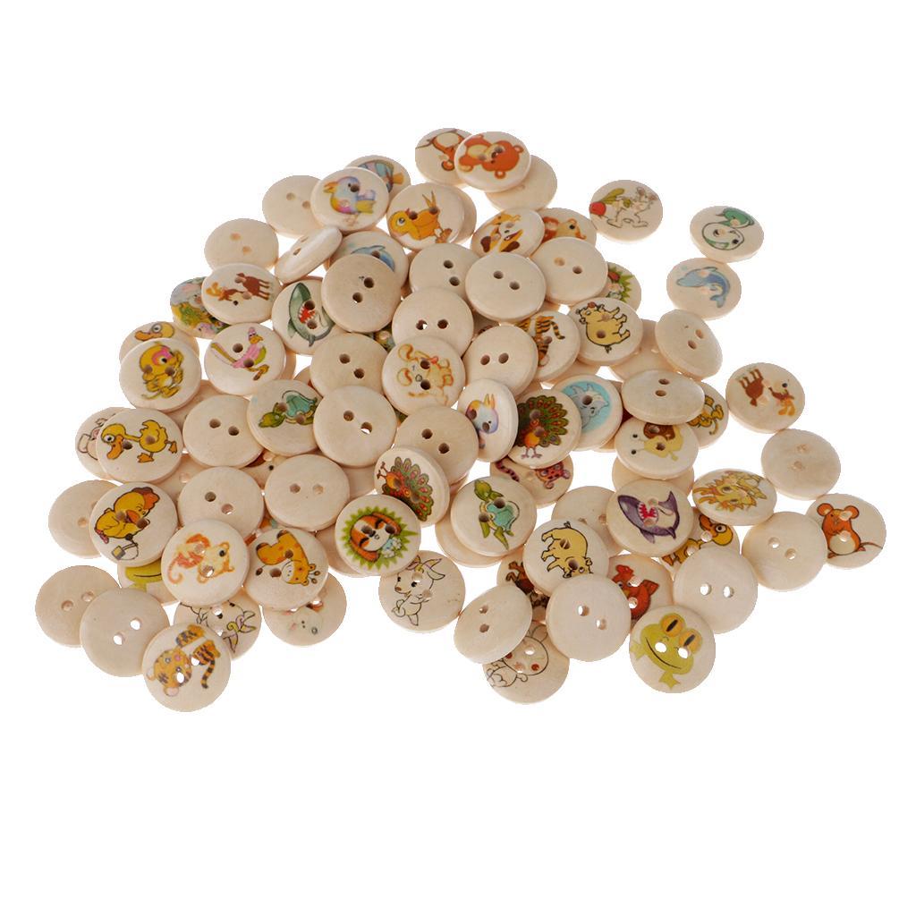 100 Pieces Animals Printed Round 2 Holes Wooden Buttons for Sewing DIY Craft 15mm