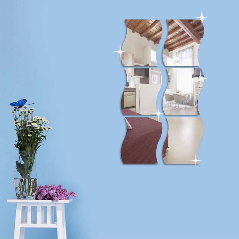 Bộ 6 miếng ghép gương dán tường hình lượn sóng thiết kế sang trọng, trang trí