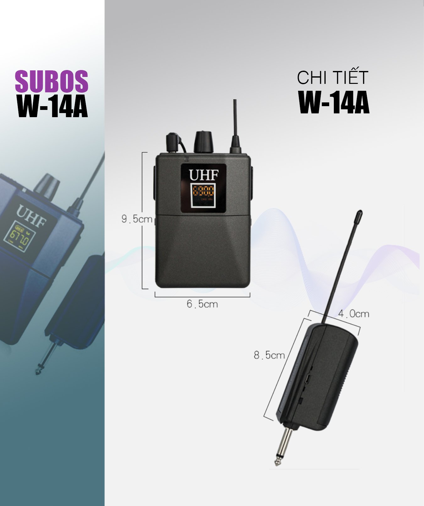 Micro không dây Subos W-14A - Micro đeo tai UHF hỗ trợ giảng dạy, thuyết trình, livestream - Phạm vi rộng đến 25m, nhạy, chống hú tốt - Kết nối được hầu hết các thiết bị âm thanh: sound card, amply, mixer, loa kéo … - Hàng nhập khẩu