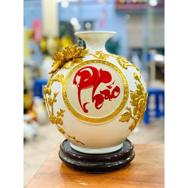 Bình hút tài Lộc H28cm, họa tiết đắp- dát vàng kim. Gốm sứ Bát Tràng cao cấp.