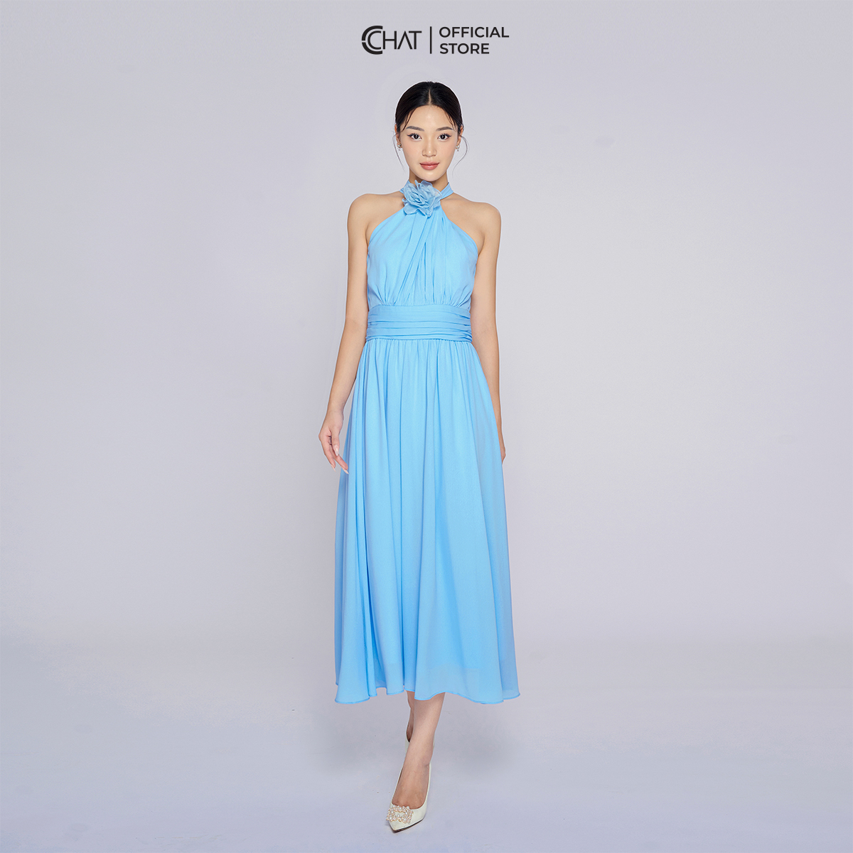 Đầm Nữ Kiểu Cổ Yếm Rúm Xòe Ôm Eo Chất Voan Cao Cấp Mềm Mịn 53VSV2004XT