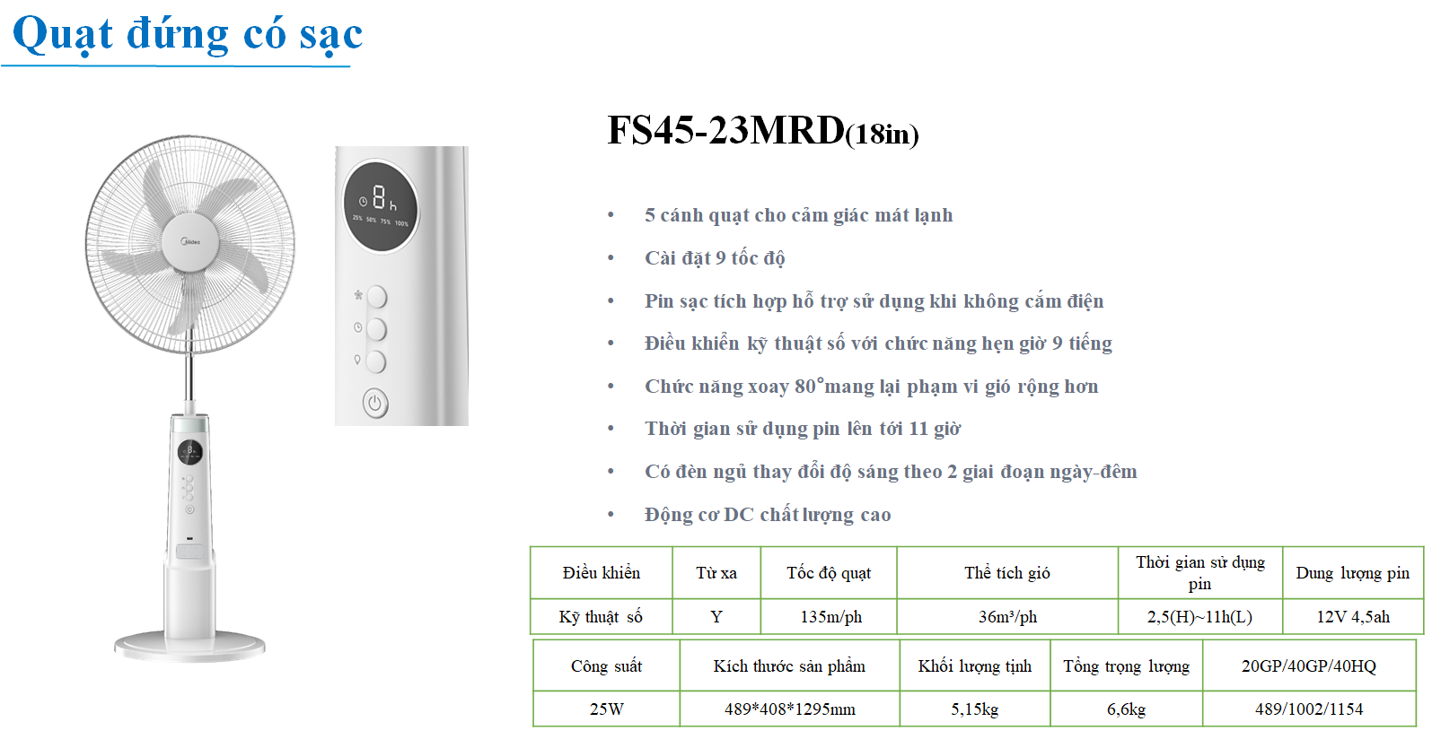 Quạt Cây Đa Năng Midea MFS18ODOBPW / FS45-23MRD (Quạt Sạc Hàng Chính Hãng, Động Cơ DC inverter 30w)