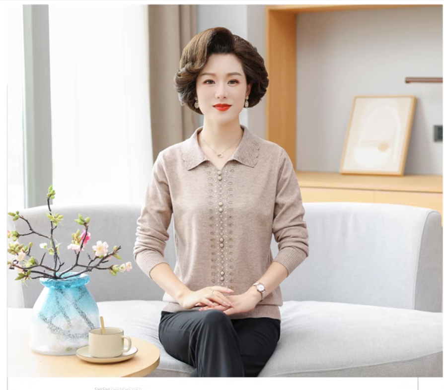Áo Len Cổ Vuông Họa Tiết Cá Tính Cho Mẹ AL37 - Hàng Quảng Châu Cao Cấp