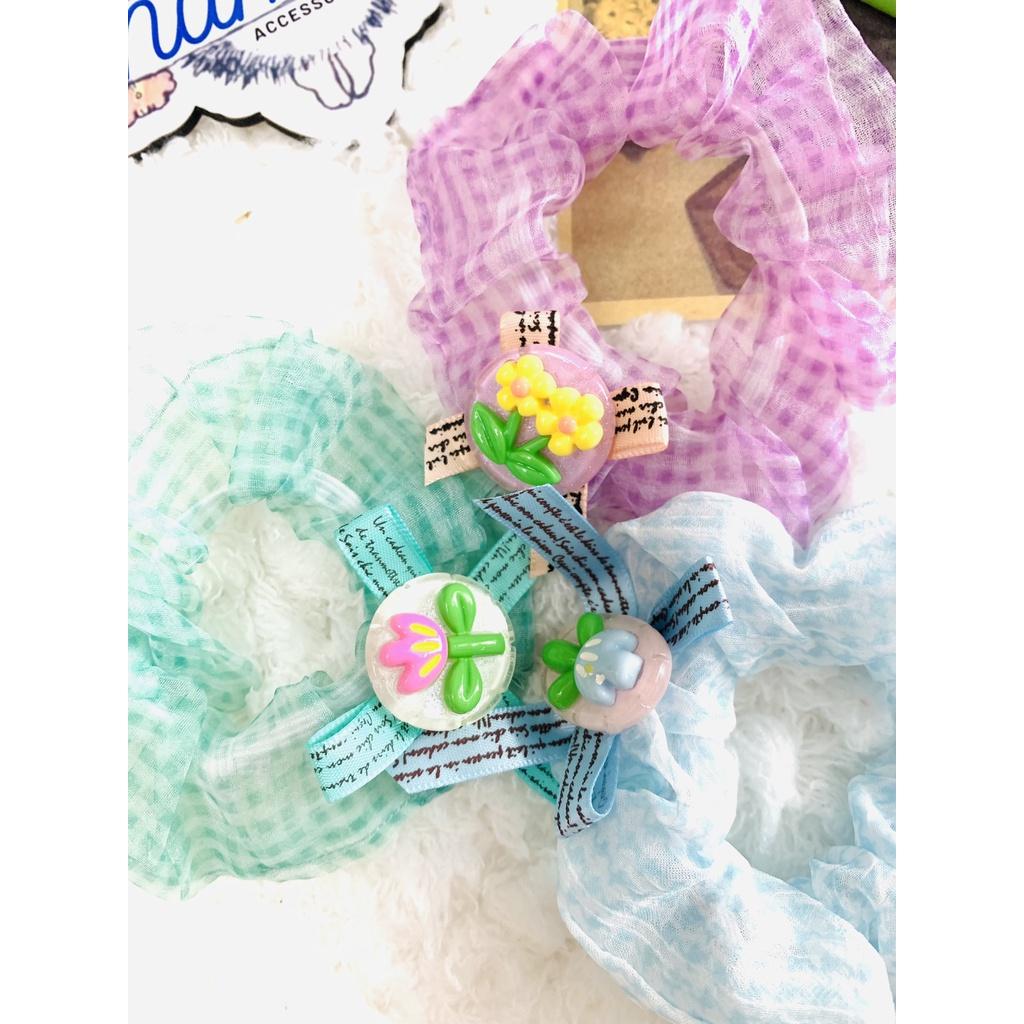 Cột tóc crunchies vải von lụa caro nơ hoa thời trang - Nunam shop đồ cột tóc đẹp, cute, cao cấp