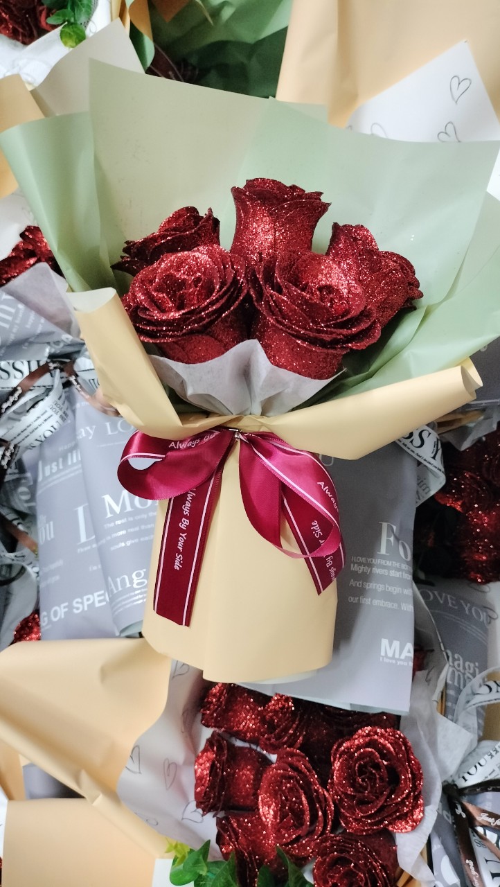 Bó Hoa Hồng Nhũ Kim Tuyến Lấp Lánh Quà Tặng Người Thương Dịp Valentine, 8/3, 20/10 (Kèm Thiệp, Túi Xách, Giấy Gói Màu Ngẫu Nhiên)