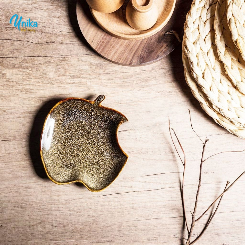 Đĩa táo cắn dở men gấm vàng (4 size) - Khay hình quả táo men hỏa biến - Gốm Unika Bát Tràng