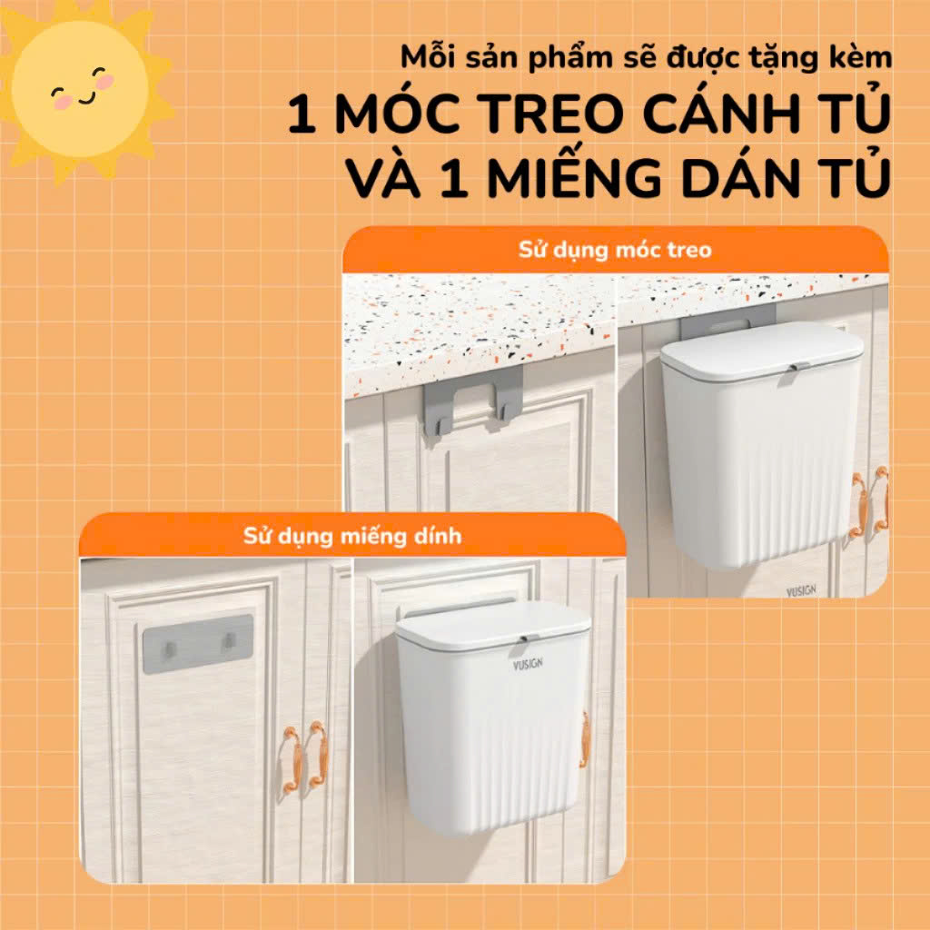 Thùng rác treo tủ bếp có nắp đậy thông minh, thùng rác treo tường dán tường, có thanh trượt cửa bếp