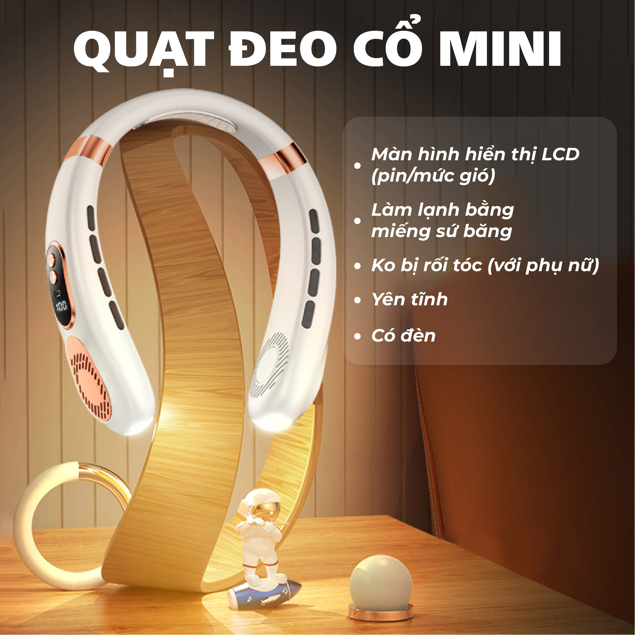 Quạt Đeo Cổ Tích Điện 5 Cấp Độ, Có Đèn Led, Có Màn Hình Hiển Thị Lượng Pin, Có Đá Làm Mát Bằng Sứ - Giao Màu Ngẫu Nhiên