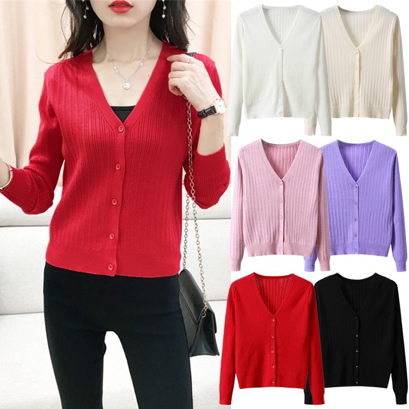 Women Solid Knitted Cardigan Coat Buttoned Front V Neck Long Sleeves Ribbed Autumn Spring Sweater Knitting Coat