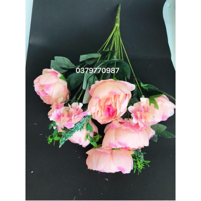 Cụm hoa trà 6 bông lớn, 5 bông bé - Hoa lụa