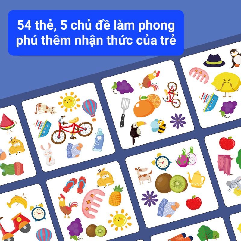 Trò chơi trí tuệ tìm điểm giống nhau trên mỗi cặp thẻ kèm chuông rèn luyện trí thông minh và giải trí cho bé