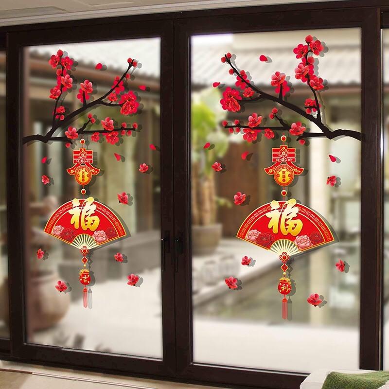 Decal trang trí Tết - 2 Cành Mai Quạt đỏ chúc Xuân