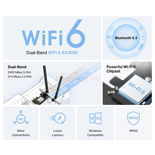 Card mạng PCIe Mercusys AX3000 Wifi 6 Bluetooth 5.3 PCle Adapter MA80XE - Hàng chính hãng