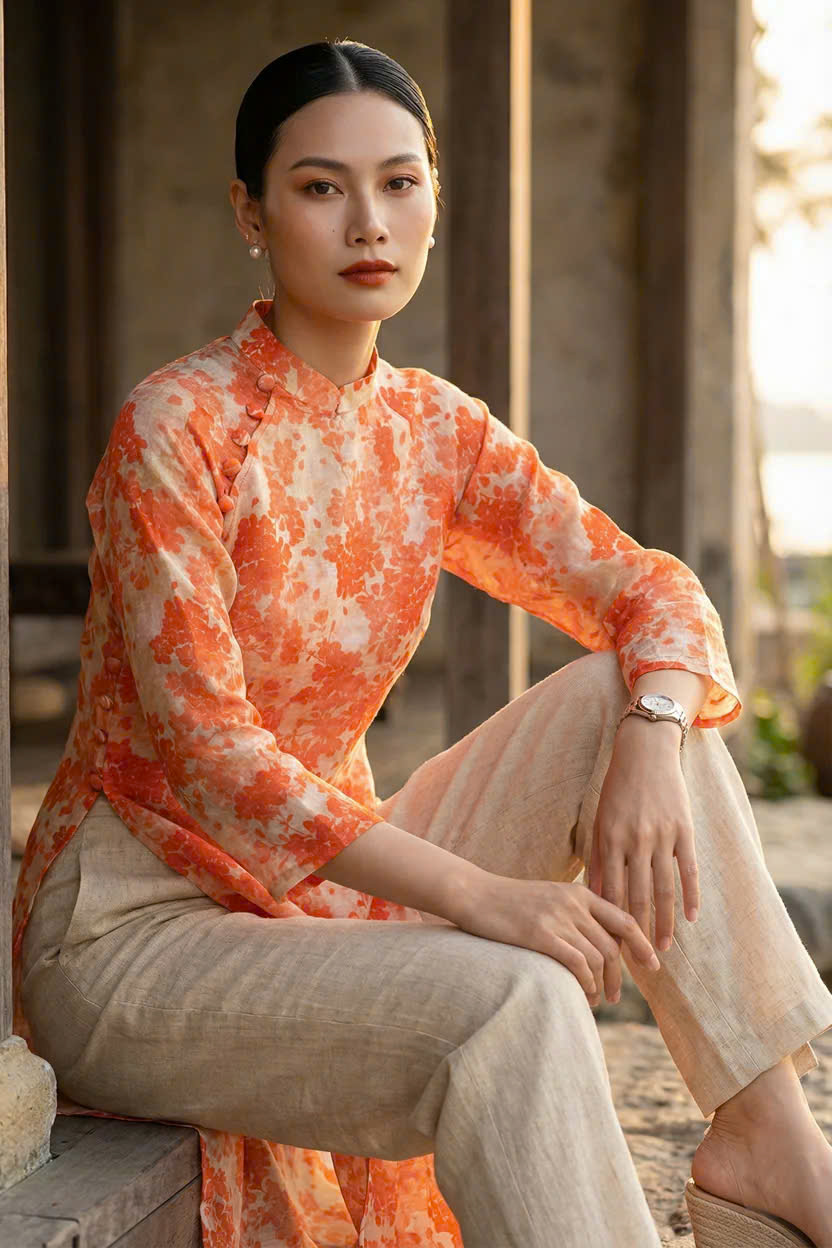 Áo Dài Suông Tay Raglan Vải Gai Xanh Ramie Hoa ADA001 thời trang thiết kế Hity