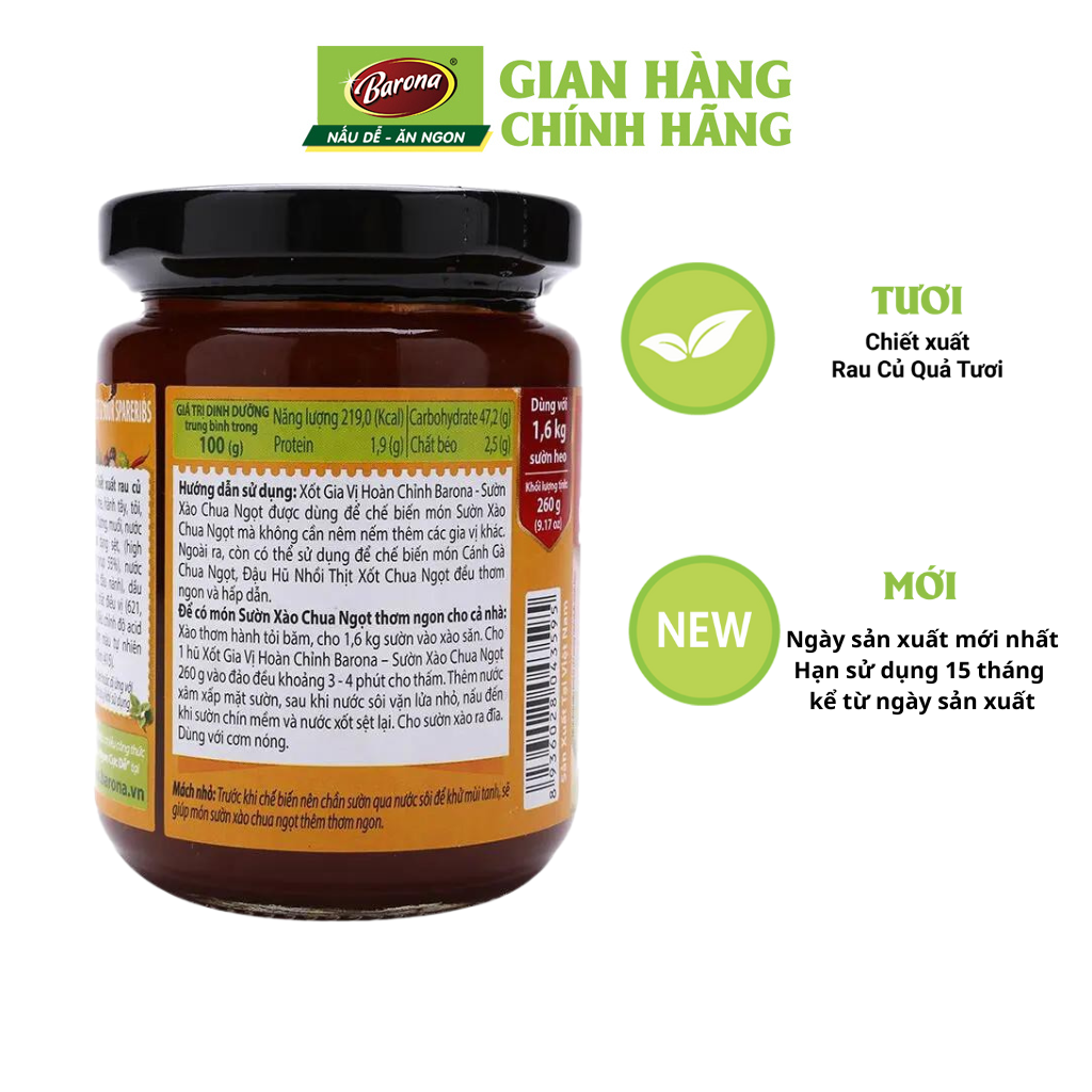 Xốt Gia Vị Hoàn Chỉnh Barona - Sườn Xào Chua Ngọt 260g (dạng hũ)