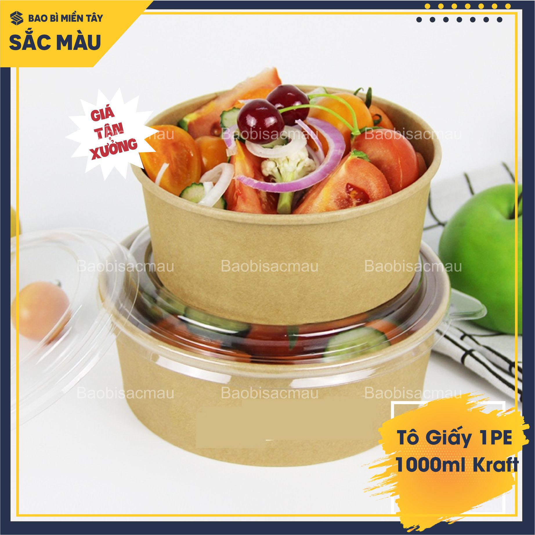 Set 20 Tô giấy Kraft 750ml và 1000ml dùng 1 lần đựng thức ăn có nắp